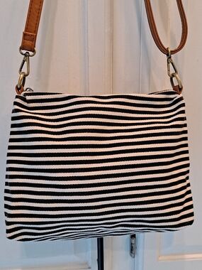 Joy Susan Black and White Striped Crossbody with Brown Strap